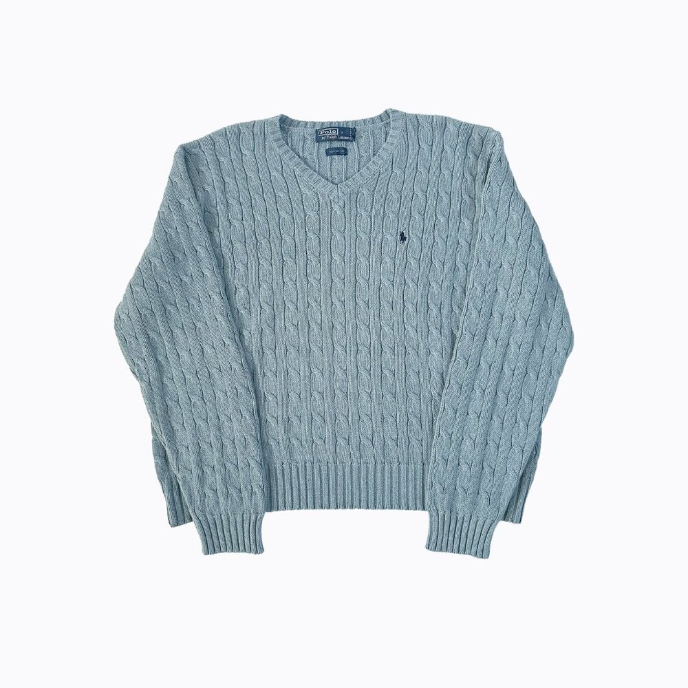 Vintage Polo Ralph Lauren Cable-Knit Sweater XL V-Neck Chambray Blue Y2K Preppy - Picture 2 of 7